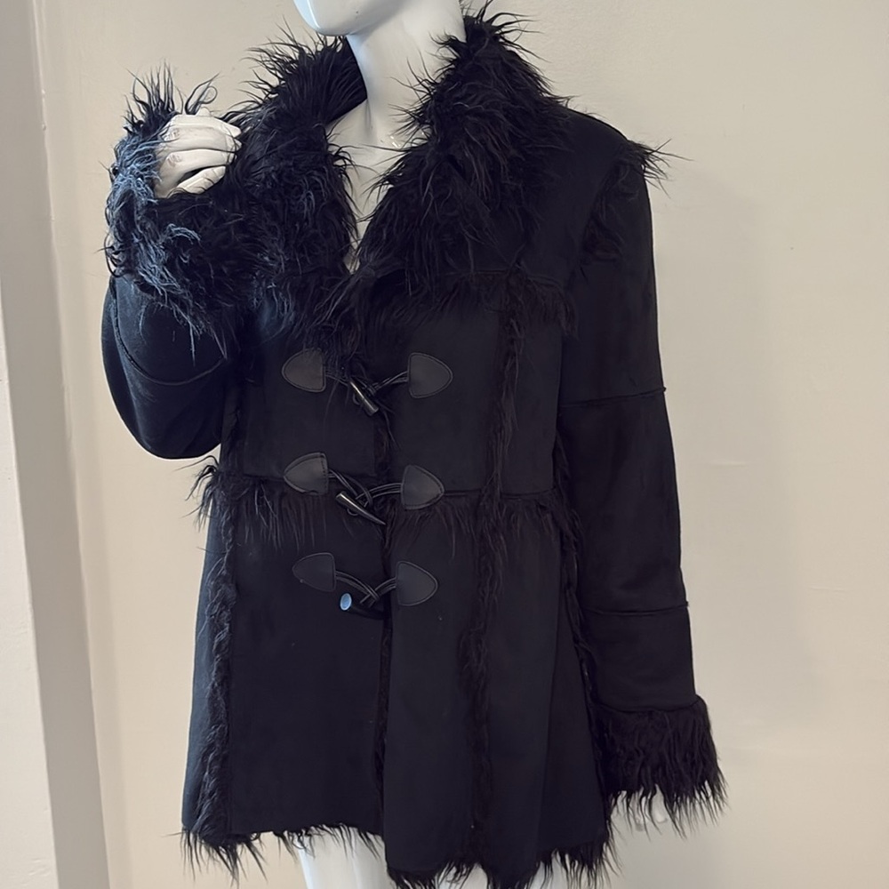 Dolls Kill Current Mood Black Vegan Suede Faux Fur Trim Penny Lane Toggle Coat - Picture 2 of 7